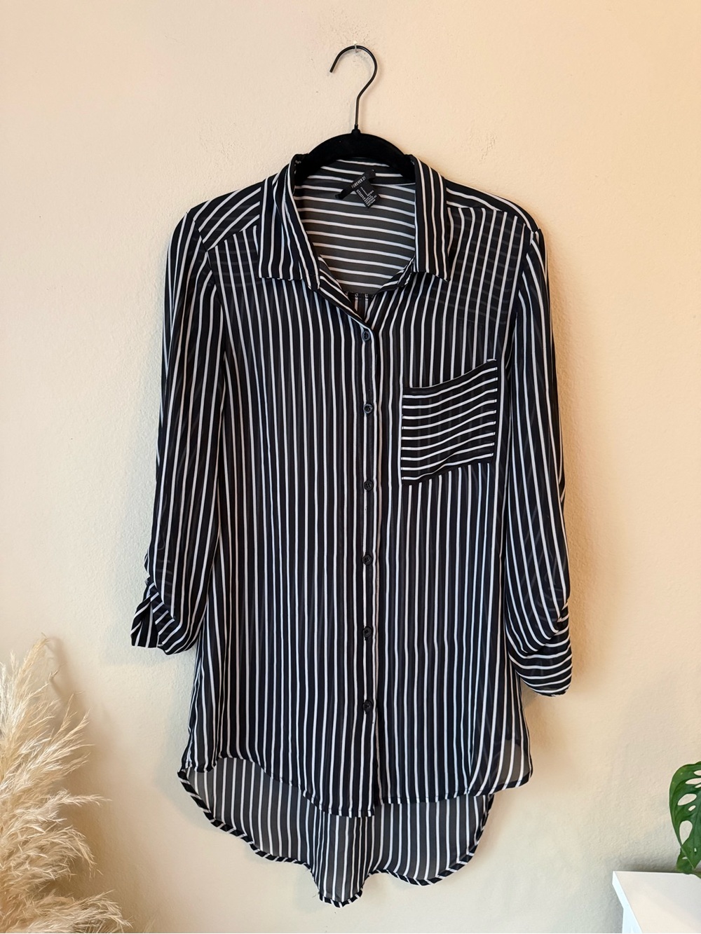 Forever21 Sheer Striped Button-Front Long Blouse Shirt Top Black/White
